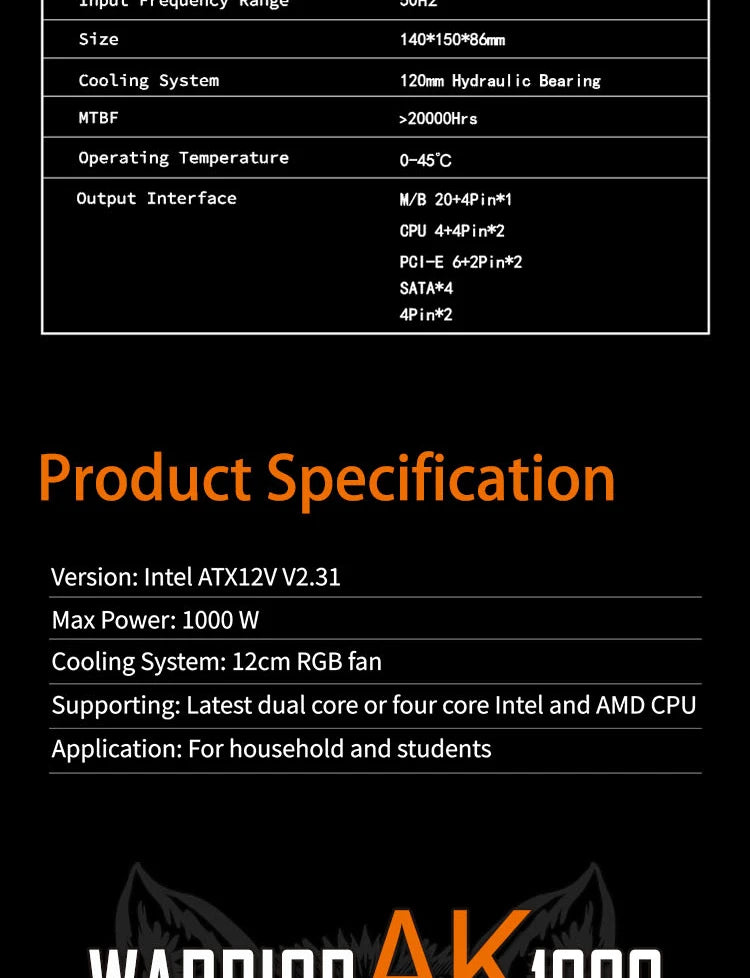 Fonte de alimentação Aigo AK PC PSU 500W 600W 700W 800W 1000W Gaming 120mm RGB Fan 220V ATX Desktop Computer Power Supply para BTC