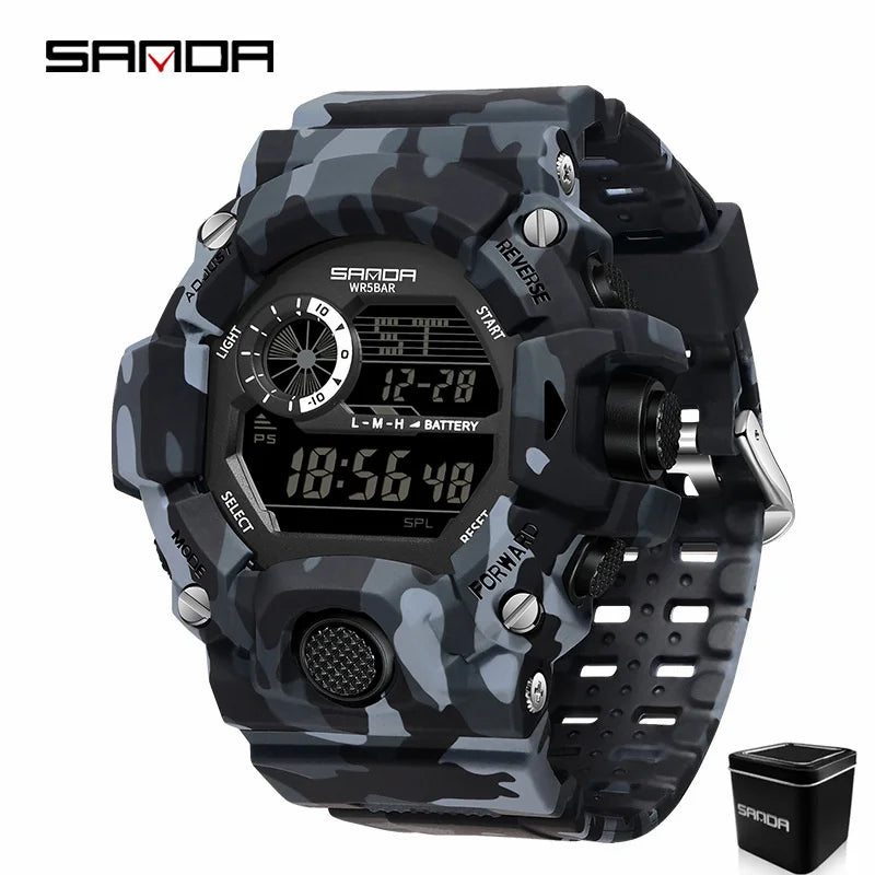 SANDA 2183 Electronic Watch Fashion Military Camo Waterproof Outdoors Sports Digital Display Silicone Strap Wristwatchs for Men