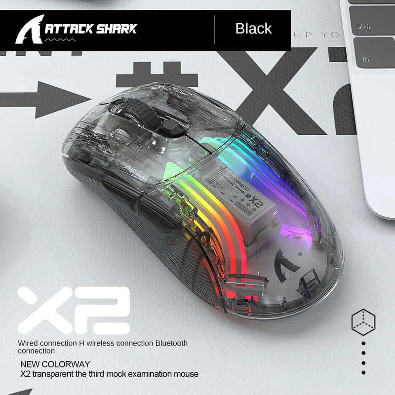 Mouse para jogos ATTACK SHARK X2 Pro Triple Mode Wireless Transparent Shell RGB recarregável 4000 DPI Dock Mouse recarregável