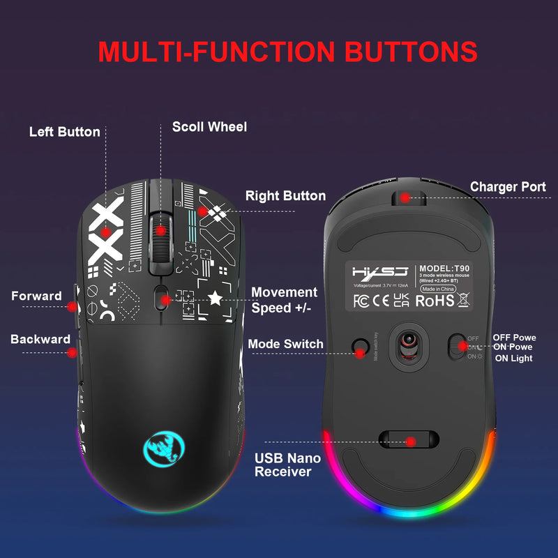 3 Modos Bluetooth Gaming Mouse Recarregável 2.4G USB Sem Fio RGB Backlight Mouse para iPad Tablet Laptop Computador