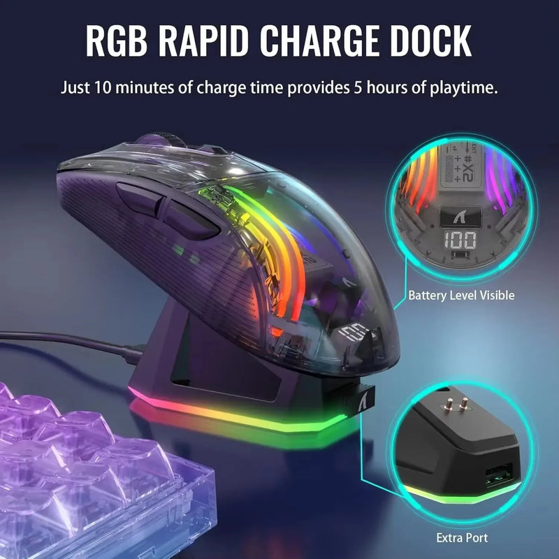 Mouse para jogos ATTACK SHARK X2 Pro Triple Mode Wireless Transparent Shell RGB recarregável 4000 DPI Dock Mouse recarregável