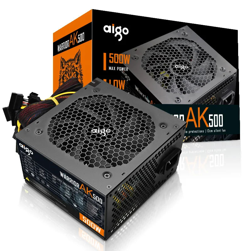 Fonte de alimentação Aigo AK PC PSU 500W 600W 700W 800W 1000W Gaming 120mm RGB Fan 220V ATX Desktop Computer Power Supply para BTC