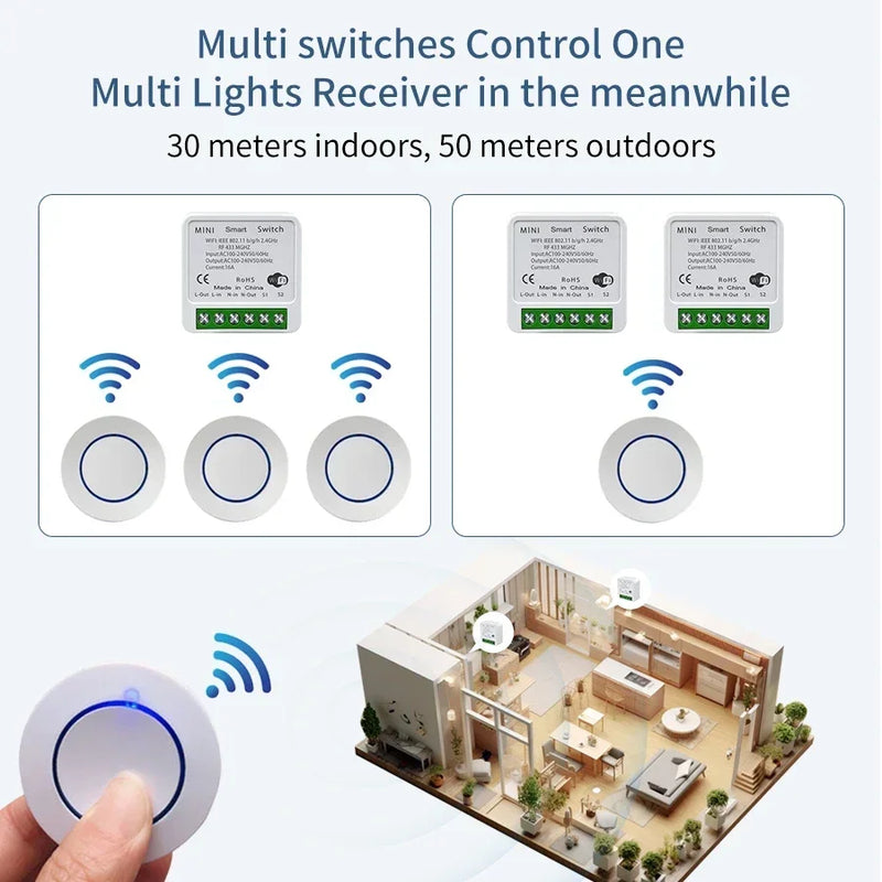 Tuya WiFi Smart Switch 16A RF433Mhz Wireless Mini Round Push Button Switch Alexa Google Assistant Voice Control Activation