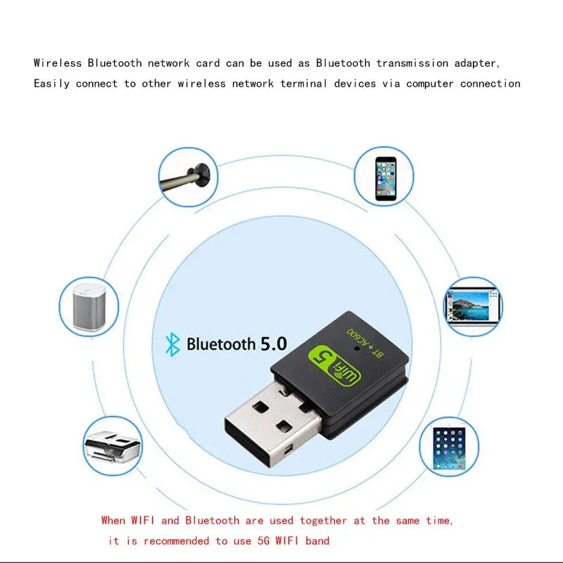 Placa de rede sem fio de banda dupla 600M sem unidade 5G receptor de computador de alta velocidade USB Bluetooth 5.0 Wifi 2 em 1