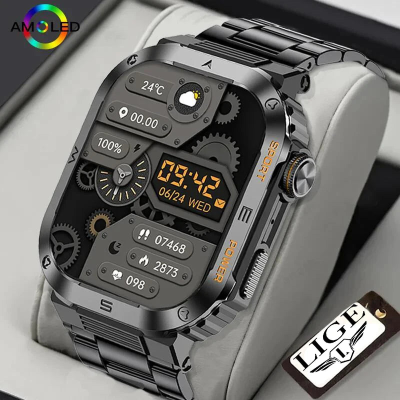 LIGE 2024 Relógio inteligente militar resistente e durável IP68 à prova d'água 2,01 '' HD Display Bluetooth Voice Smart Watch para Android IOS