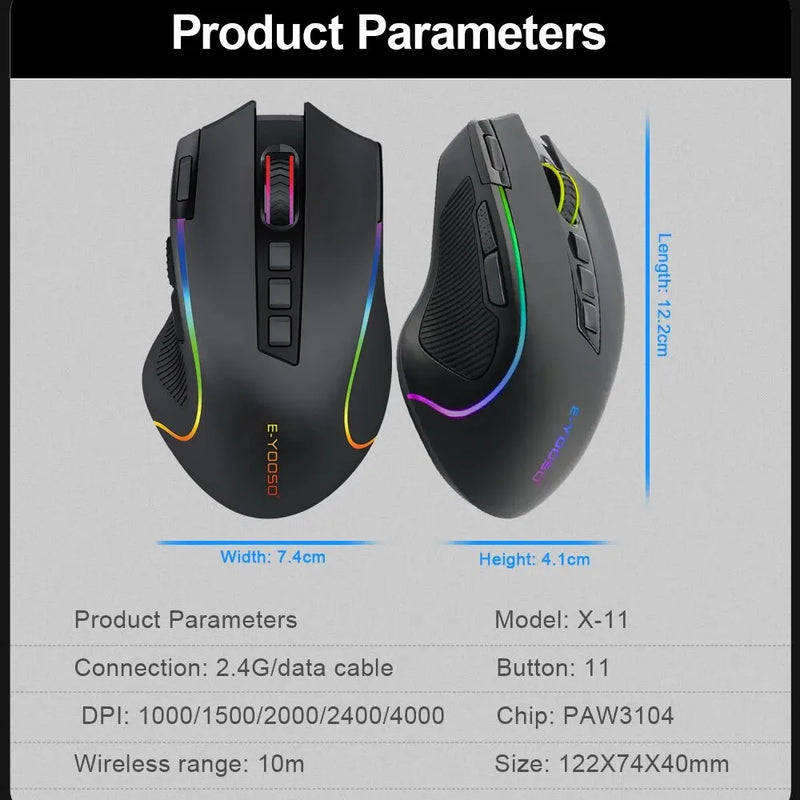 E-YOOSO X-11 RGB USB 2.4G Mouse sem fio para jogos 4000 DPI 9 botões programáveis ergonômicos para mouses gamer laptop computador PC