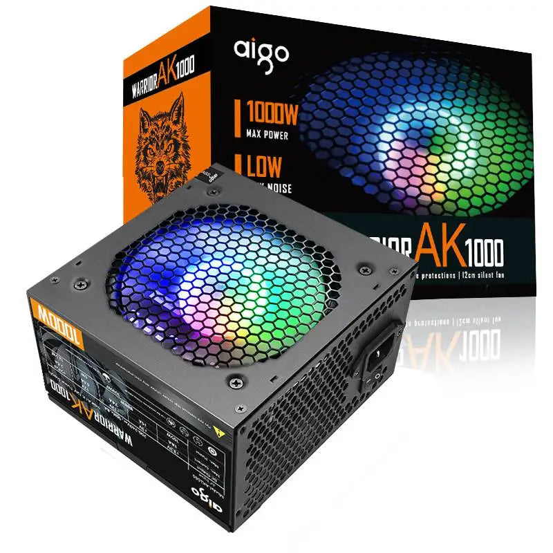 Fonte de alimentação Aigo AK PC PSU 500W 600W 700W 800W 1000W Gaming 120mm RGB Fan 220V ATX Desktop Computer Power Supply para BTC