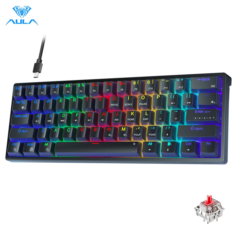 AULA F3261 RGB efeito USB Mini teclado mecânico para jogos Interruptor vermelho 61 teclas com fio Cabo destacável separado para Mac Windows