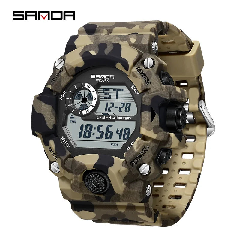 SANDA 2183 Electronic Watch Fashion Military Camo Waterproof Outdoors Sports Digital Display Silicone Strap Wristwatchs for Men